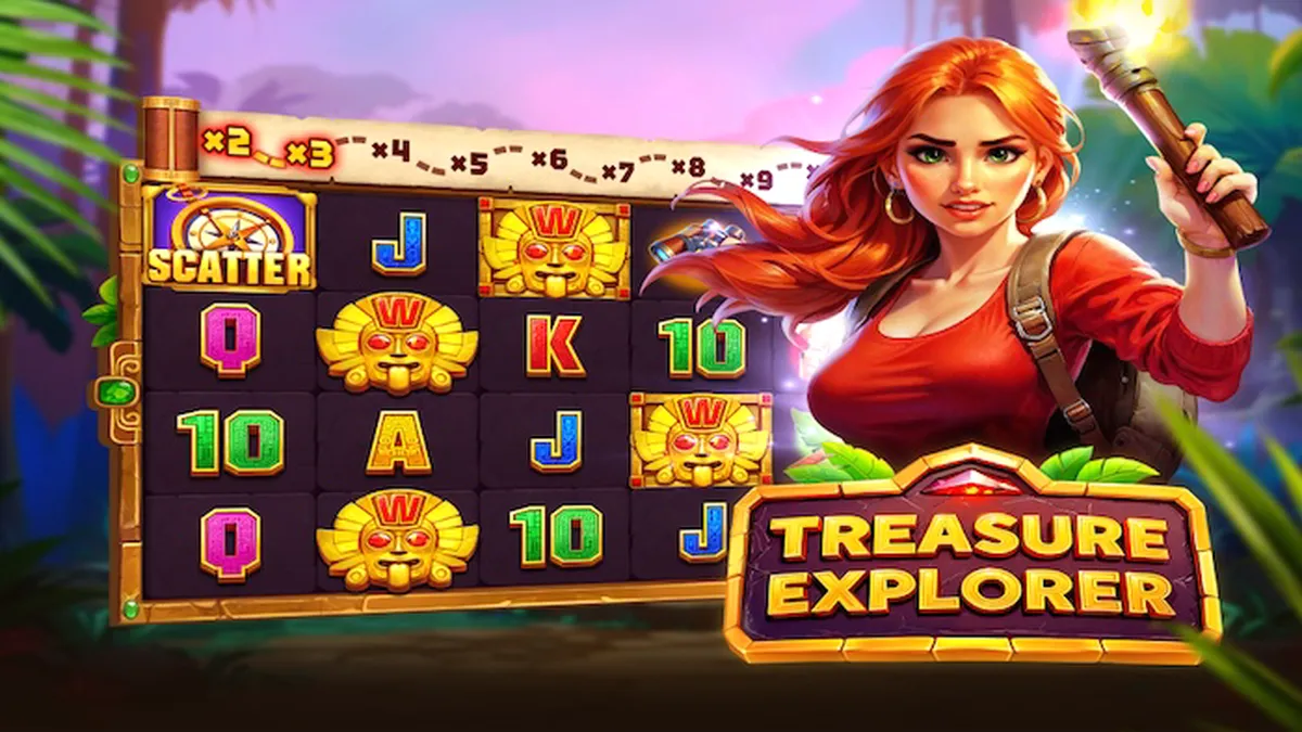 Tampilan layar permainan slot Treasure Explorer dengan Laura Loot di hutan Aztec